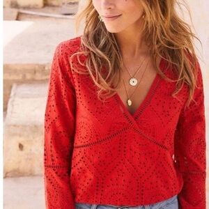 Sézane Andrea Coral Lace Smock Top Embroidery Blouse Red Size 40/8